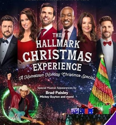 Promotional poster for 'The Hallmark Christmas Experience,' a hometown holiday Christmas special, showing six hosts with a festive stage and tree.
